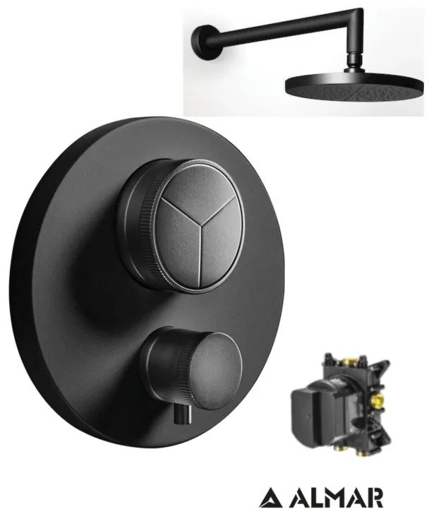 Almar Black matt Ανακλινόμενη κεφαλή 20εκ+Thermo-Core Push Θερμοστατικός μίκτης εντοιχισμού 3 εξόδων+κιτ εντοιχισμού