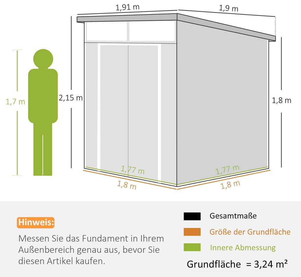 Outsunny Αποθήκη κήπου 1,9 x 1,9 m, αποθήκη εργαλείων από πλαστικό, κλειδώσιμες πόρτες, 2 αεραγωγοί, σκούρο γκρι