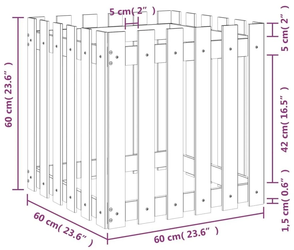 Ζαρντινιέρα με Σχέδιο Φράχτη 60 x 60 x 60 εκ. Μασίφ Ξύλο Πεύκου - Καφέ