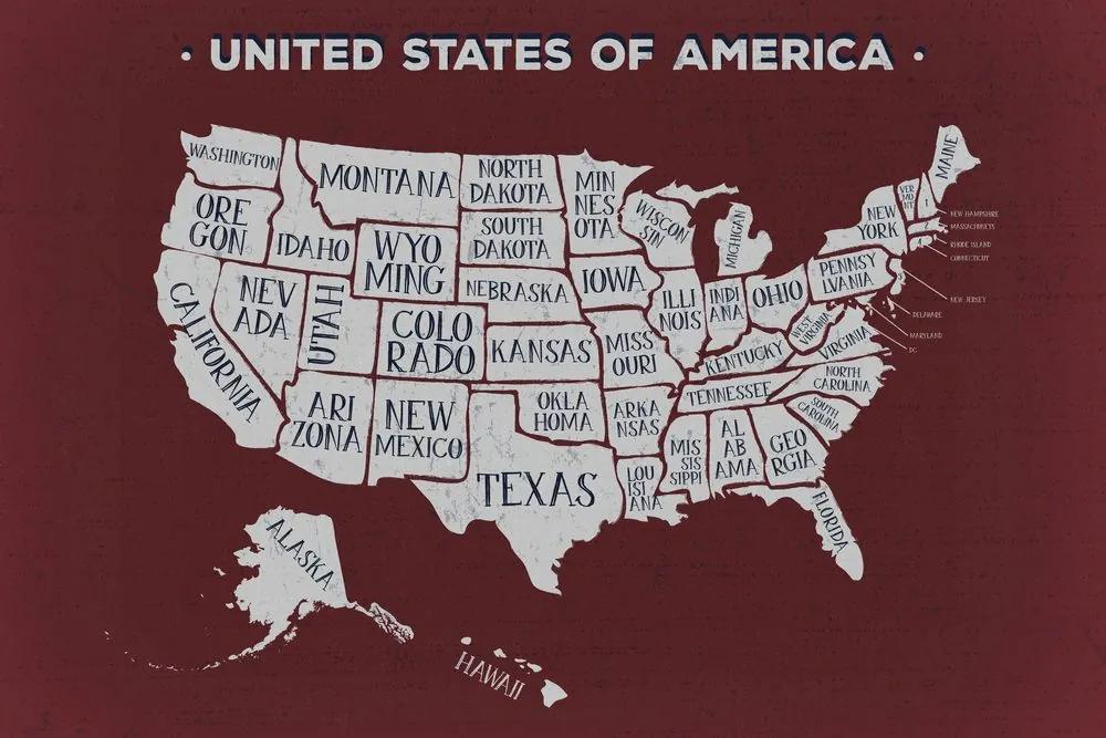 Εικόνα στον εκπαιδευτικό χάρτη των ΗΠΑ από φελλό με φόντο μπορντό - 120x80  peg