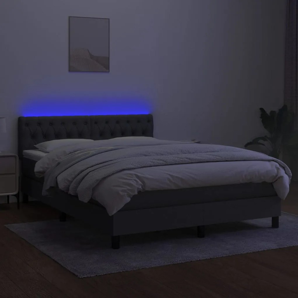 vidaXL Κρεβάτι Boxspring με Στρώμα & LED Σκ.Γκρι 140x190 εκ Υφασμάτινο