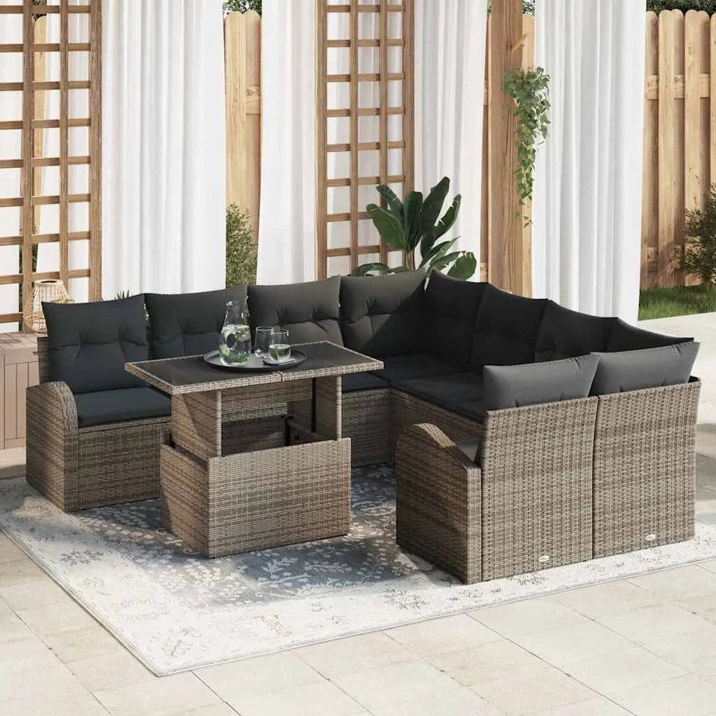 vidaXL Σετ Καναπέ Κήπου με μαξιλάρι 9 pcs Γκρι Πολυ ράταν