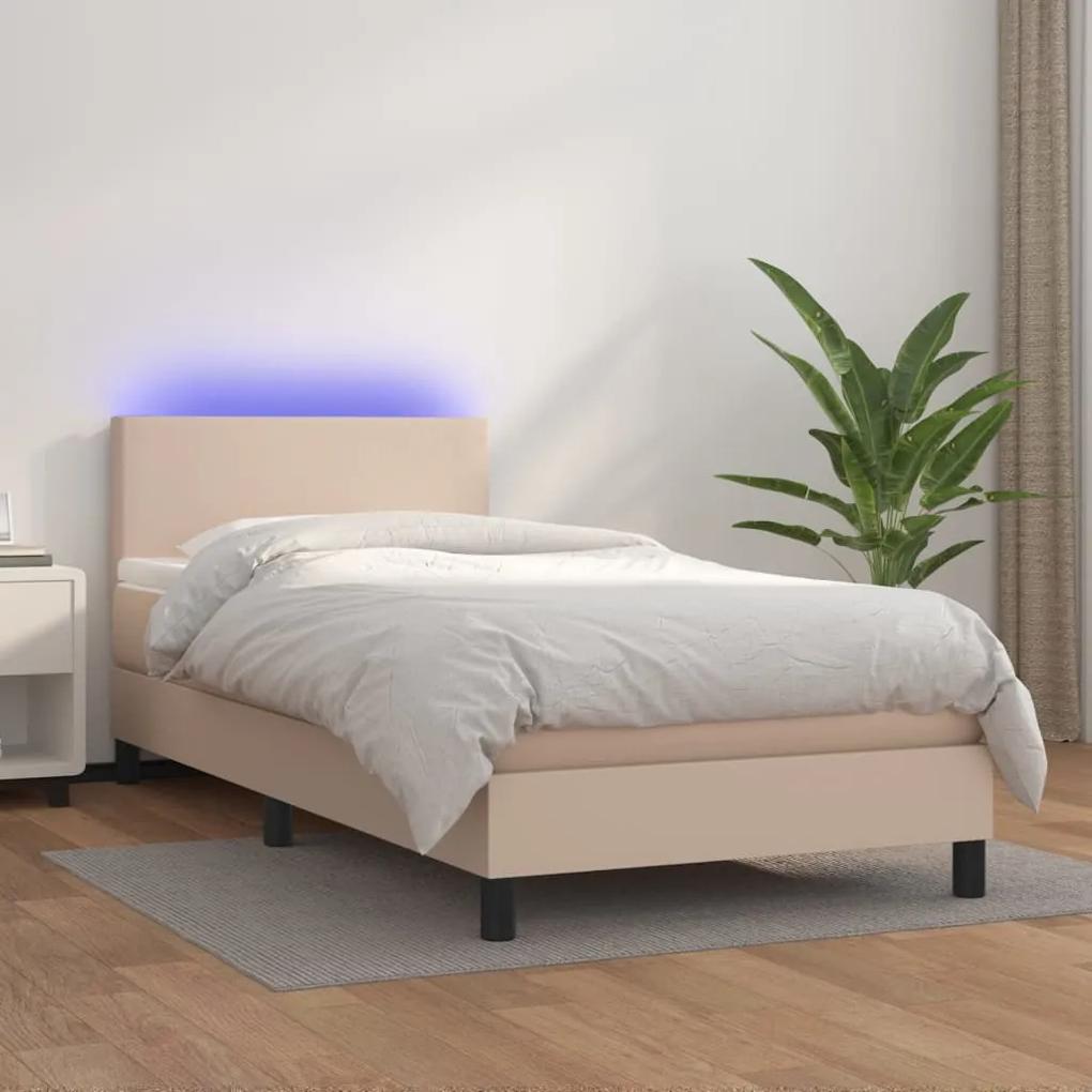 Κρεβάτι Boxspring Στρώμα&amp;LED Καπουτσίνο 90x200 εκ. Συνθ. Δέρμα