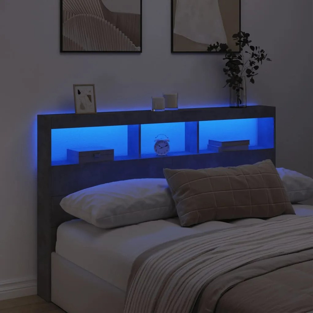 vidaXL Κεφαλάρι με Αποθηκ. Χώρο &amp; LED Γκρι Σκυρ. 160x17x102 εκ.