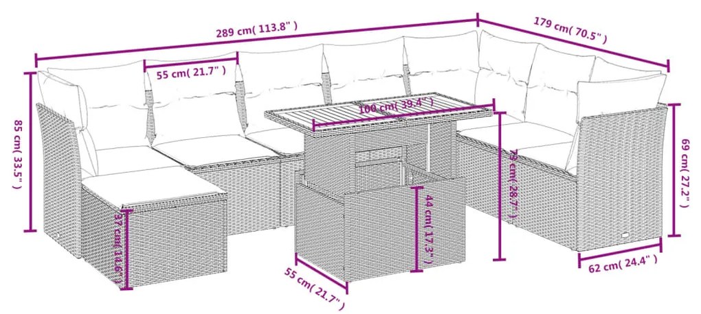 vidaXL Σετ Σαλονιού Κήπου 9 τεμ. Γκρι Συνθετικό Ρατάν με Μαξιλάρια