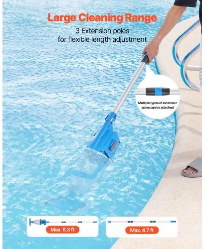 VEVOR Pool Vacuum 26 GPM Rechargeable Pool Cleaner Max. 1H with Extension Pole