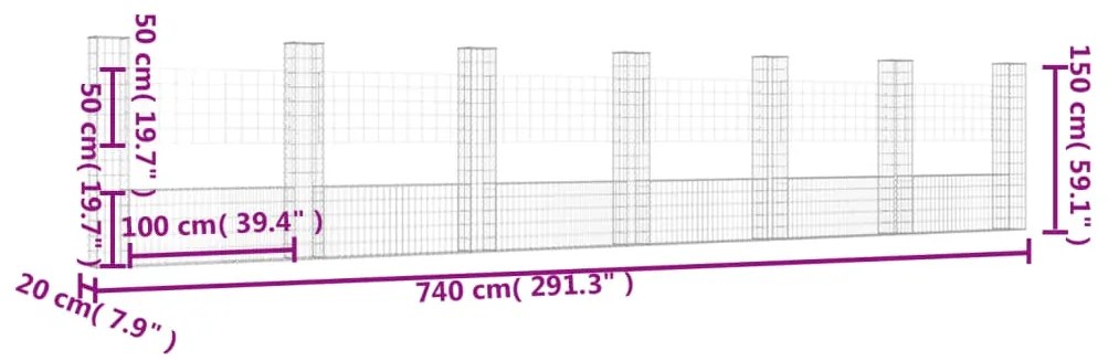 vidaXL Συρματοκιβώτιο σε U Σχήμα με 7 Στύλους 740x20x150 εκ Σιδερένιο