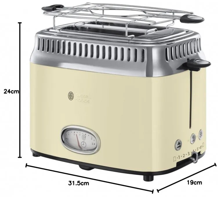 Russell Hobbs Retro Vintage Κρέμα Τοστιέρα 21682-56, 1300W, 2 φέτες, 6 επίπεδα, Κλίμακα ένδειξης ρετρό, Lift & Look, Γρήγορη φρυγανιά, Κρέμα/Inox