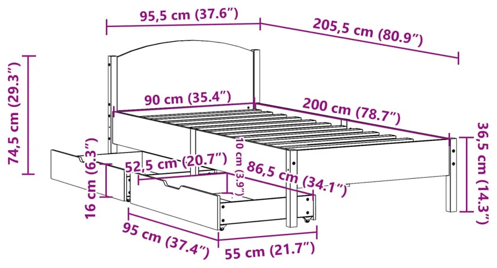 Σκελετός Κρεβατιού Χωρίς Στρώμα 90x200 εκ Μασίφ Ξύλο Πεύκου - Καφέ