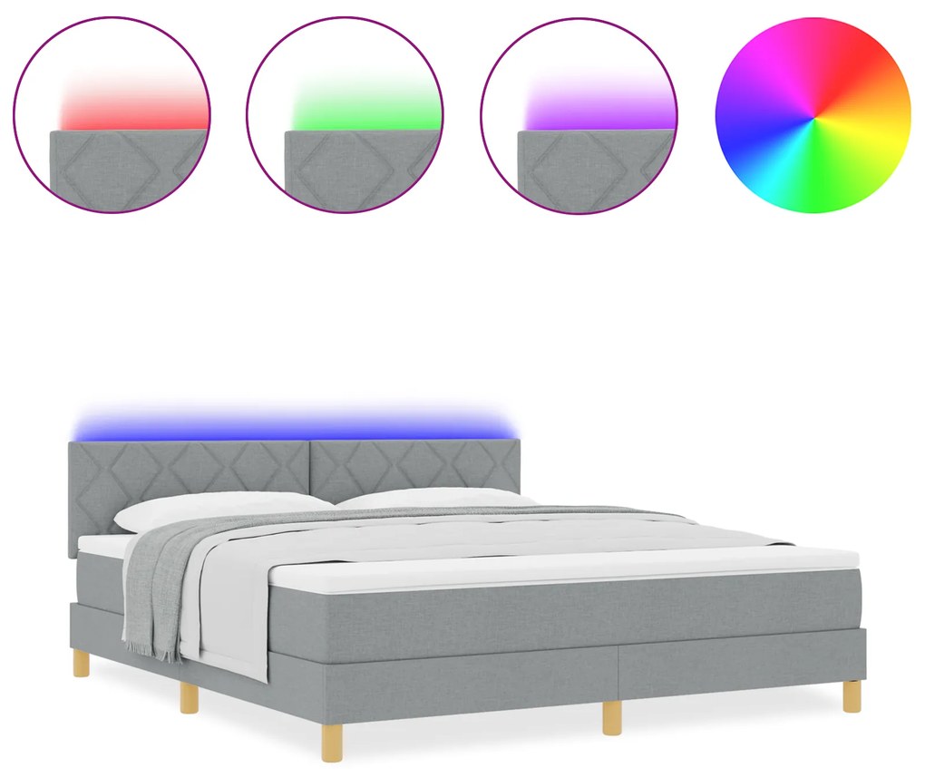 vidaXL Κρεβάτι Κουρτίνας με Στρώμα & LED Ανοιχτό Γκρι 180x200 εκ. Υφάσματος