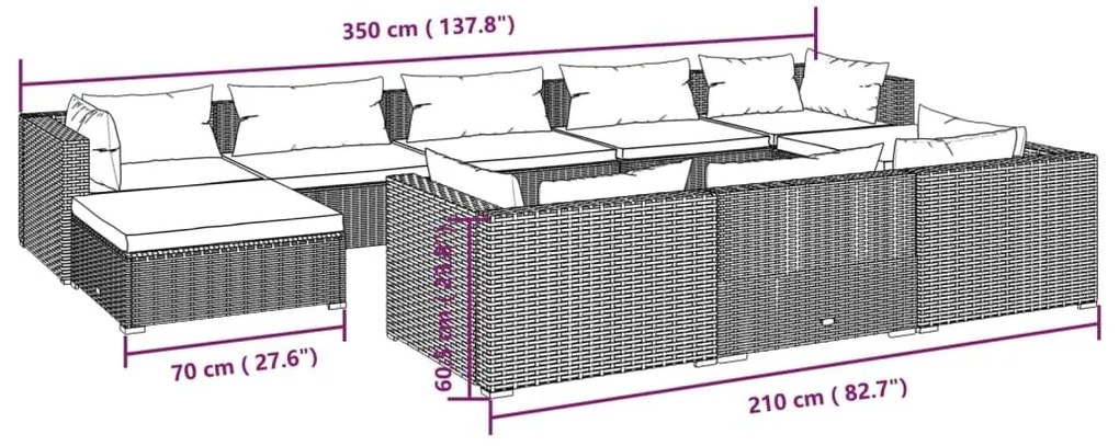 Σαλόνι Κήπου Σετ 10 Τεμαχίων Μαύρο Συνθετικό Ρατάν με Μαξιλάρια - Μαύρο