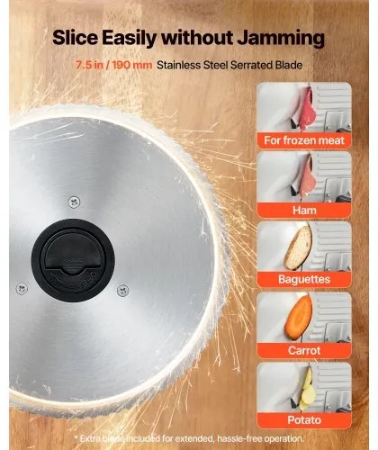 VEVOR Meat Slicer, 200W Electric Deli Slicer Machine with 190 mm Sharp Blade, Home Meat-Slicer with 70-100 RPM Slicing Speed, 0-15 mm Adjustable Thickness, for Frozen Meat, Ham, Baguett & Prime Steak