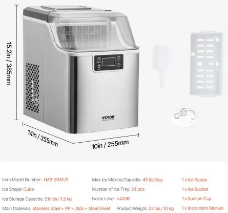VEVOR Portable Countertop Ice Maker 45Lbs/24H Self-Cleaning with Scoop Basket