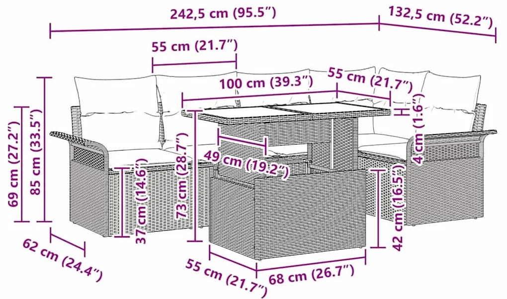 vidaXL Σετ Καναπέ Κήπου με μαξιλάρι 6 pcs Γκρι Πολυ Ρατάν