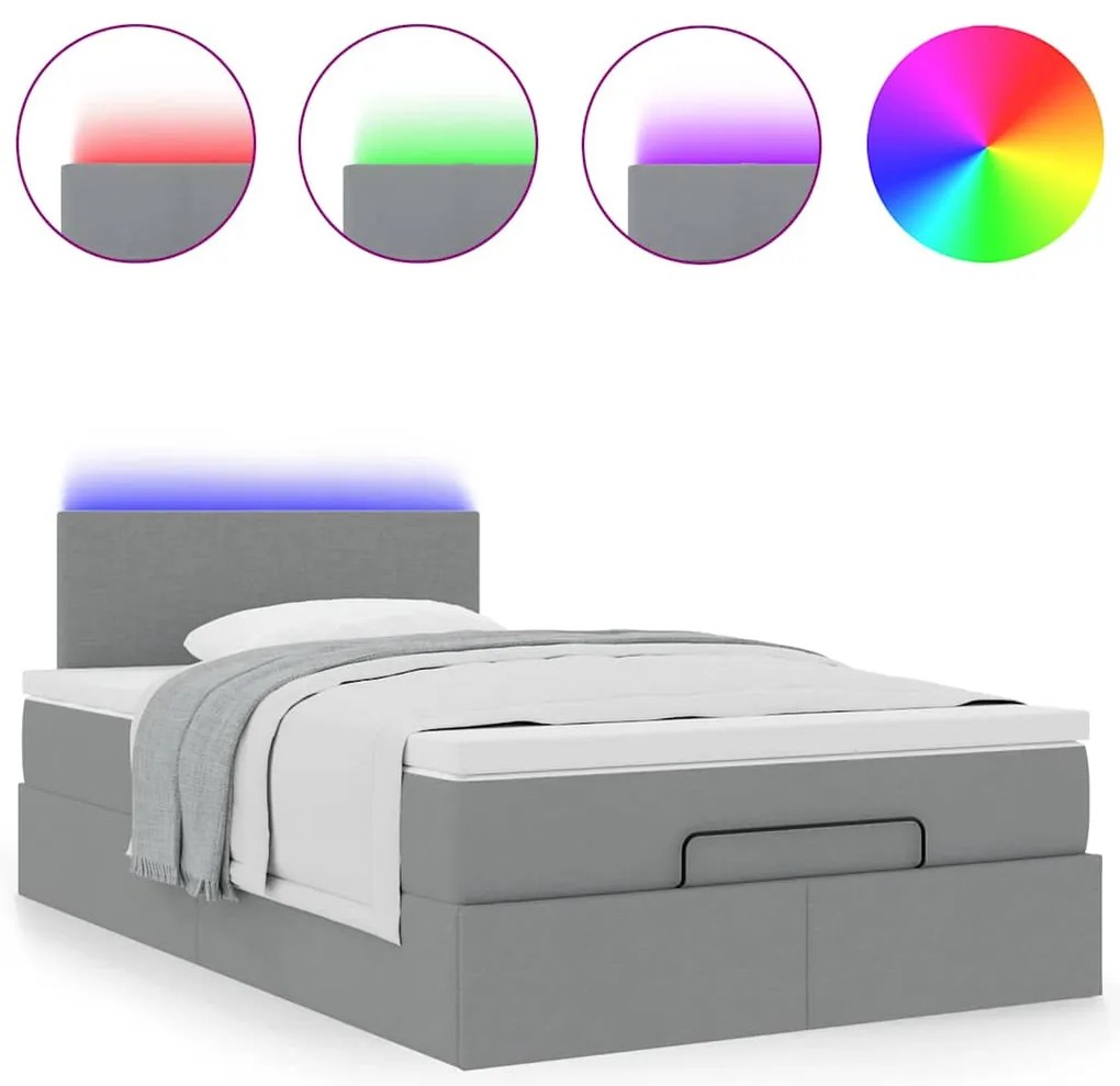 vidaXL Οθωμανικό κρεβάτι με στρώμα & LEDs Ανοιχτό γκρι Ύφασμα