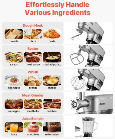 VEVOR Stand Mixer, 5.7 L Electric Kitchen Mixer, 1500W Dough-Mixer, 6+P Speeds Tilt-head Food-Mixer with 1.5 L Blender Cup, Stainless Steel Bowl, Dough Hook, Whisk, Beater, for Baking, Mixing, Silver