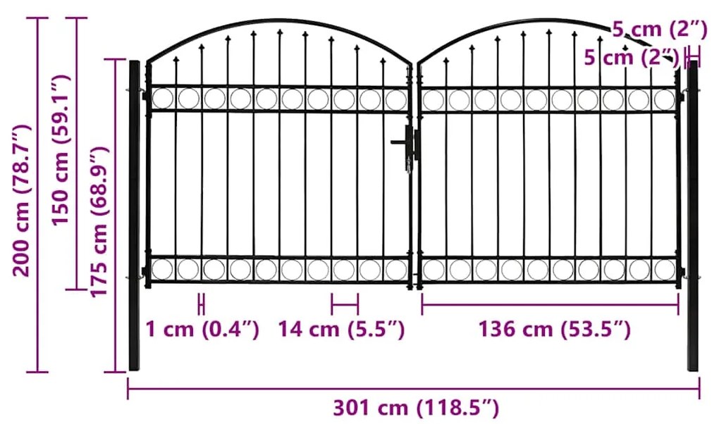 vidaXL Καγκελόπορτα Διπλή με Αψιδωτή Κορυφή Μαύρη 300x150 εκ. Ατσάλινη