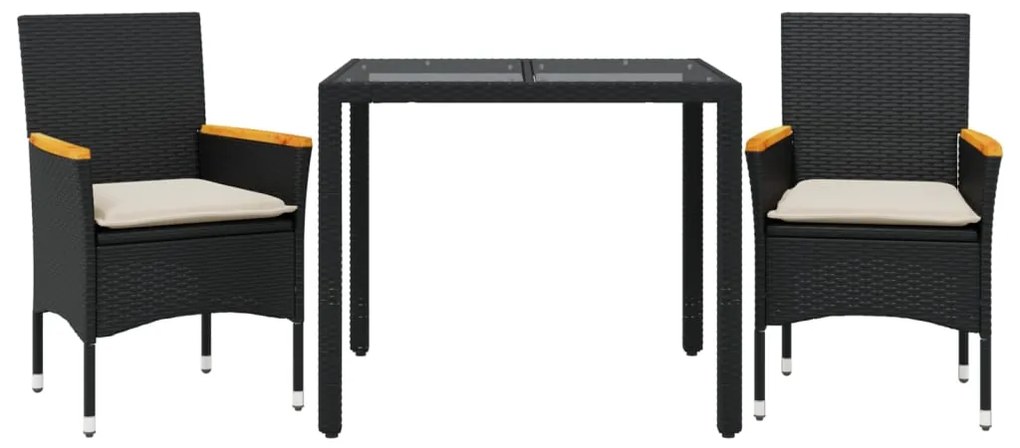 vidaXL Σετ Τραπεζαρίας Κήπου 3τεμ. Μαύρο Συνθ.Ρατάν/Γυαλί με Μαξιλάρια