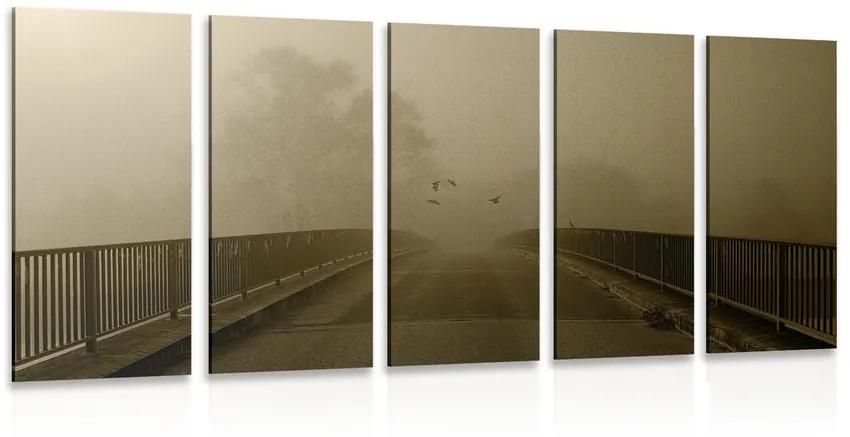 Πέταγμα πουλιών πάνω από τη γέφυρα 5 τμημάτων εικόνας σε σχέδιο σέπια - 100x50