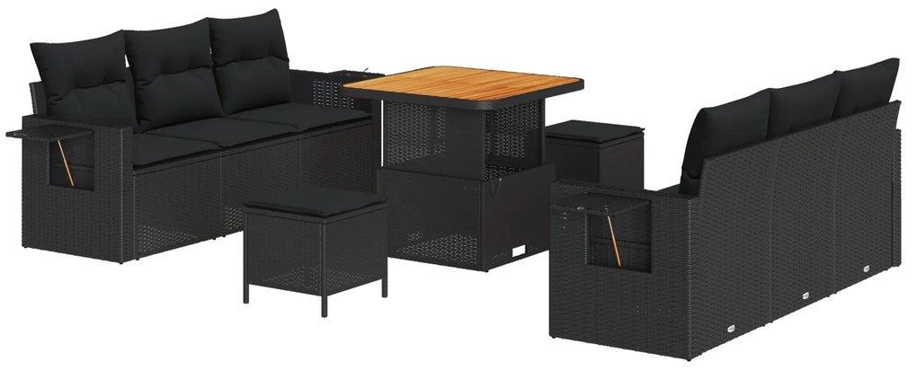 vidaXL Σετ Καναπέ Κήπου 9 Τεμαχίων με Μαξιλάρια Μαύρο Πολυ Ράτανα Ακακία