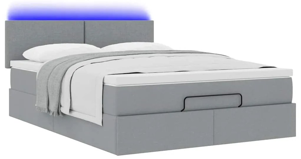 vidaXL Οθωμανικό κρεβάτι με στρώμα&amp;LEDs Ανοιχτό γκρι 140x190cm Ύφασμα
