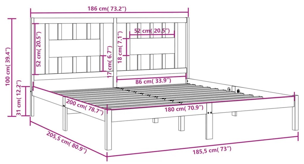 vidaXL Πλαίσιο Κρεβατιού Λευκό 180 x 200 εκ. Μασίφ Ξύλο Super King