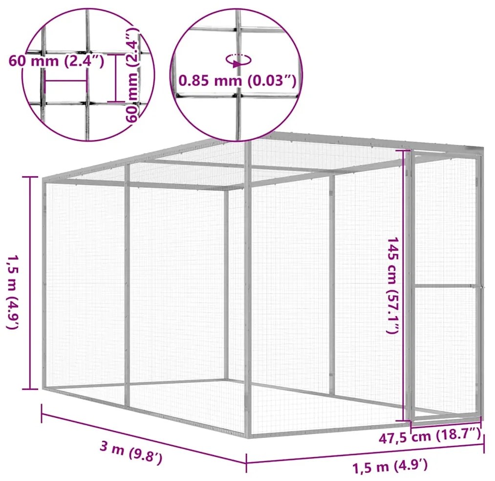 vidaXL Κλουβί Γάτας 3 x 1,5 x 1,5 μ. από Γαλβανισμένο Χάλυβα