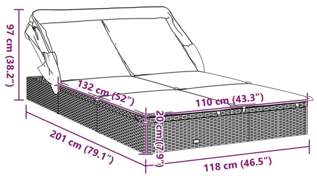 Ξαπλώστρα 2 Ατόμων Πτυσ. Οροφή Γκρι 213x118x97 εκ. Συνθ. Ρατάν - Γκρι