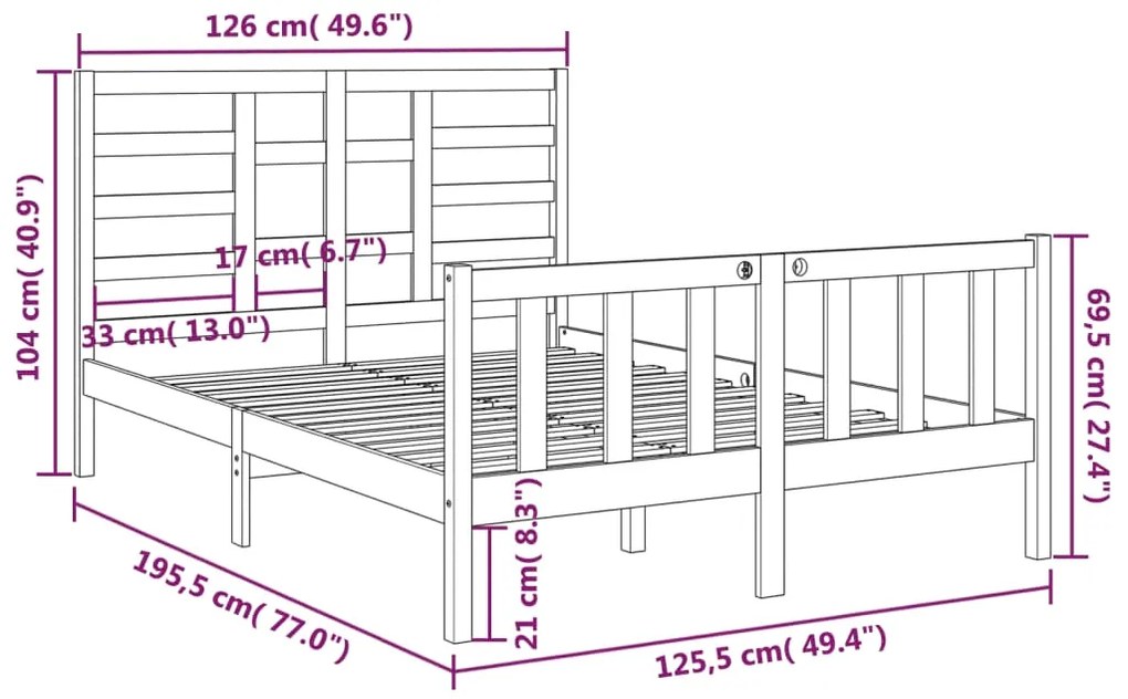 vidaXL Πλαίσιο Κρεβατιού 120 x 190 εκ. από Μασίφ Ξύλο Small Double