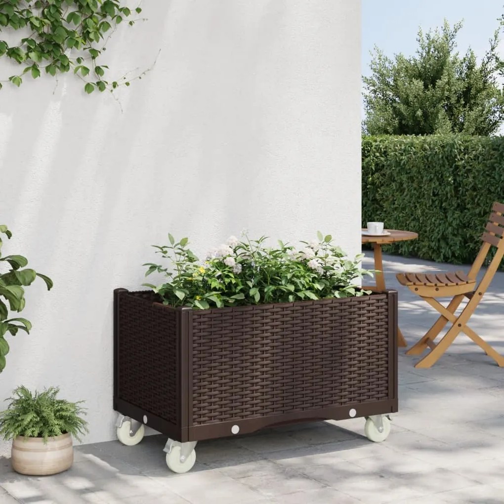 vidaXL Ζαρντινιέρα Κήπου με Ροδάκια Καφέ 80x50x54 εκ. Πολυπροπυλένιο