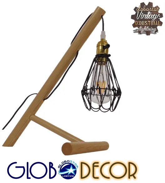 GloboStar® ELMA 10001335 Μοντέρνο Επιτραπέζιο Φωτιστικό Μονόφωτο Ξύλινο με Μαύρο Πλέγμα Φ10 x Μ34 x Π22.5 x Υ42cm