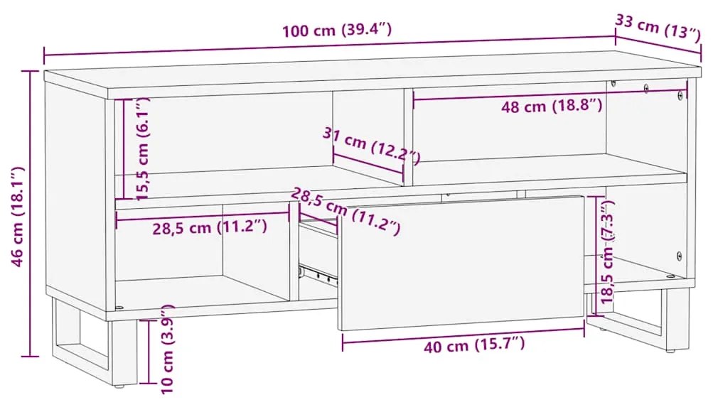 Έπιπλο Τηλεόρασης Μαύρο 100 x 33 x 46 εκ. από Μασίφ Ξύλο Μάνγκο - Μαύρο