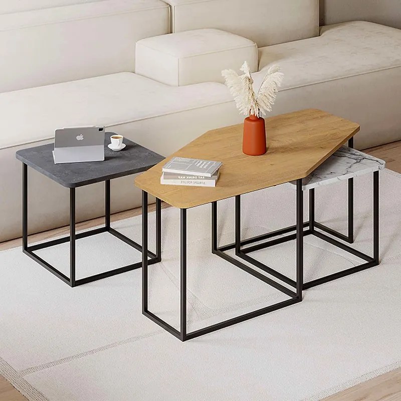 Megapap Τραπεζάκι Σαλονιού Σετ 3 Τμχ. Από Μελαμίνη Nesty Saphhire Oak - Γκρι Ρετρό - Λευκό Εφέ Μαρμάρου