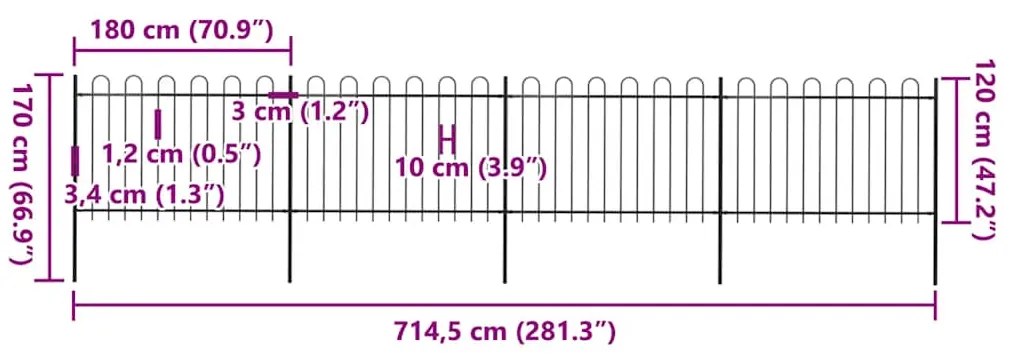 vidaXL Φράχτης Κήπου με Κορυφή από Ατσάλι 714,5 x 120 εκ. Μαύρος
