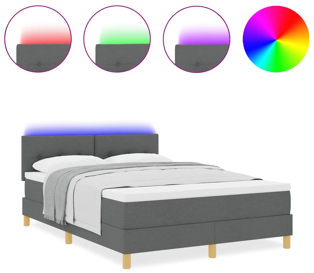 vidaXL Κρεβάτι με Στρώμα & LED Σκούρο Γκρι 140x200 εκ. Υφάσματος