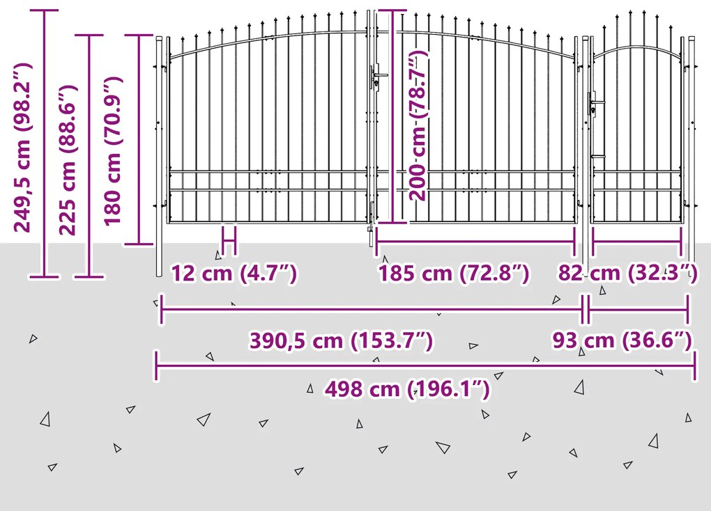 vidaXL Πύλη Κήπου με Κορυφή Ακίδας Γκρι 195x500 εκ Σιδερέας