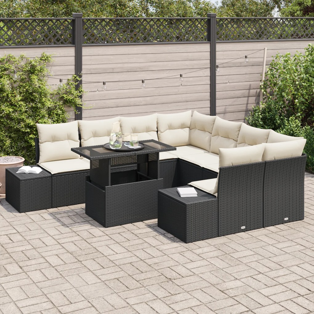 vidaXL Σετ Garden Sofa 9 Τεμαχίων με Μαξιλάρια Μαύρο Πολυ Ρατάν