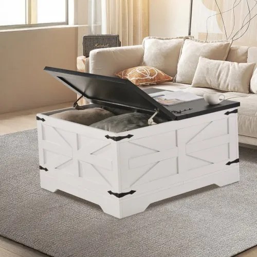VEVOR 31.5" Farmhouse Coffee Table Hinged Square Table with Storage Gray &amp; White