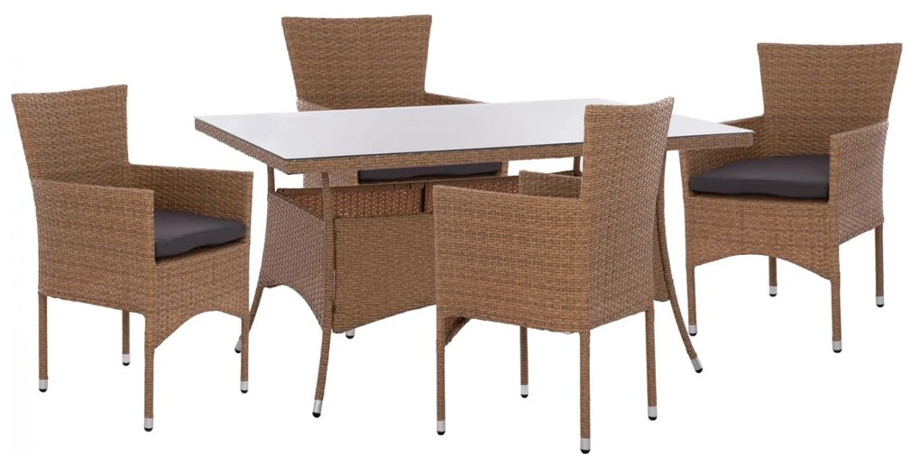 Dining Set 5-Piece Table 150x90 &amp; Wicker Rattan Beige Brown Armchairs