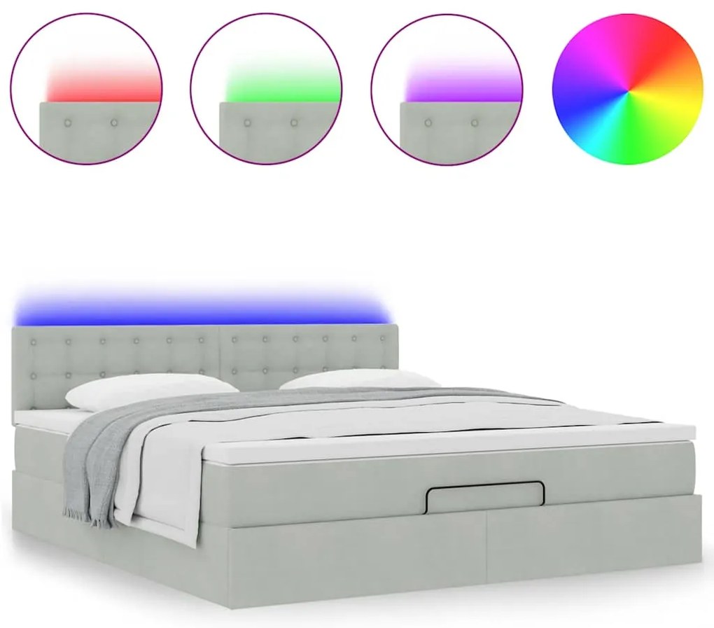 vidaXL Οθωμανικό κρεβάτι με στρώμα & LEDs Ανοιχτό γκρι Βελούδο