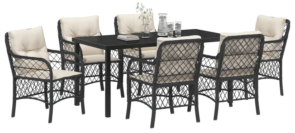 vidaXL Σέτ φαγητού για κήπο με μαξιλάρι 7 pcs Μαύρο Πολυ ράταν
