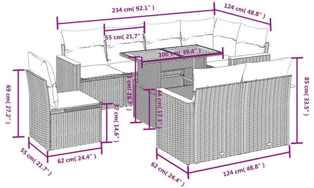 vidaXL Σαλόνι Κήπου Σετ 9 Τεμαχίων Μαύρο από Συνθ. Ρατάν με Μαξιλάρια