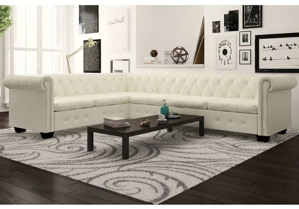 vidaXL Γωνιακός Καναπές Chesterfield 6 Θέσεων Λευκός από Συνθετικό Δέρμα