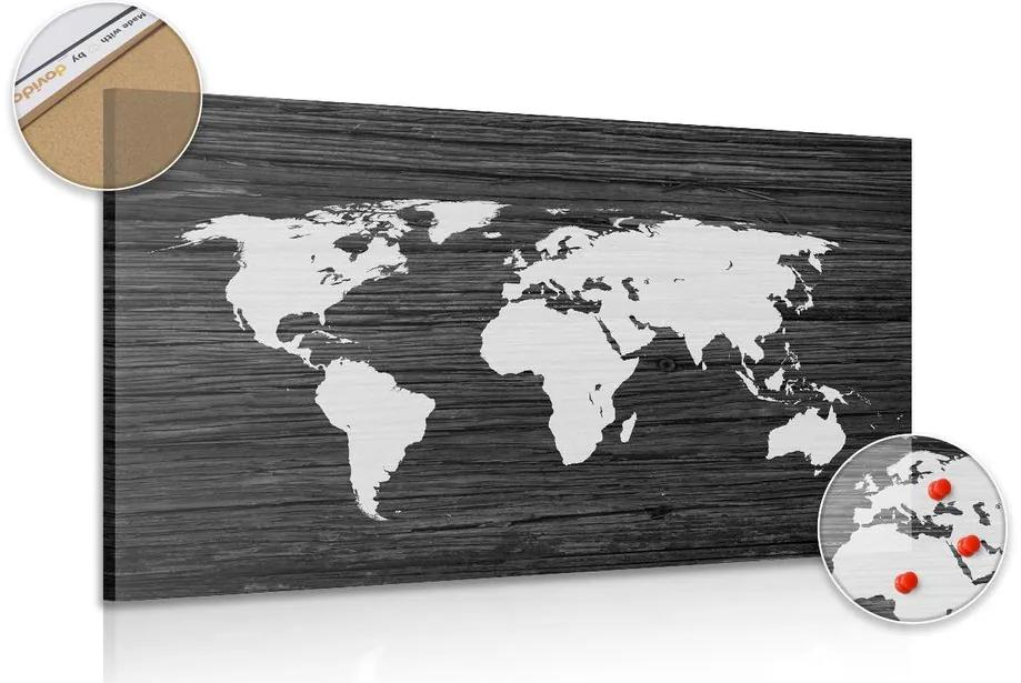 Εικόνα στον παγκόσμιο χάρτη φελλού σε ξύλο σε ασπρόμαυρο σχέδιο - 90x60  color mix