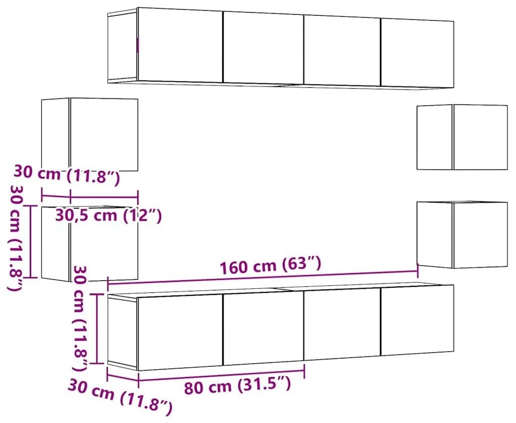 8 τεμαχίων ντουλάπι τηλεόρασης που τοποθετείται τοίχο από - Καφέ