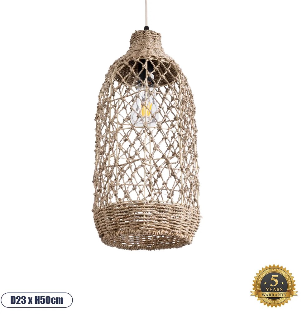 02116 GloboStar®  ECUADOR 02116 Boho Κρεμαστό Φωτιστικό Πλέγμα Μονόφωτο 1 x E27 IP20 Μπεζ Rattan - Μ23 x Π23 x Υ50cm