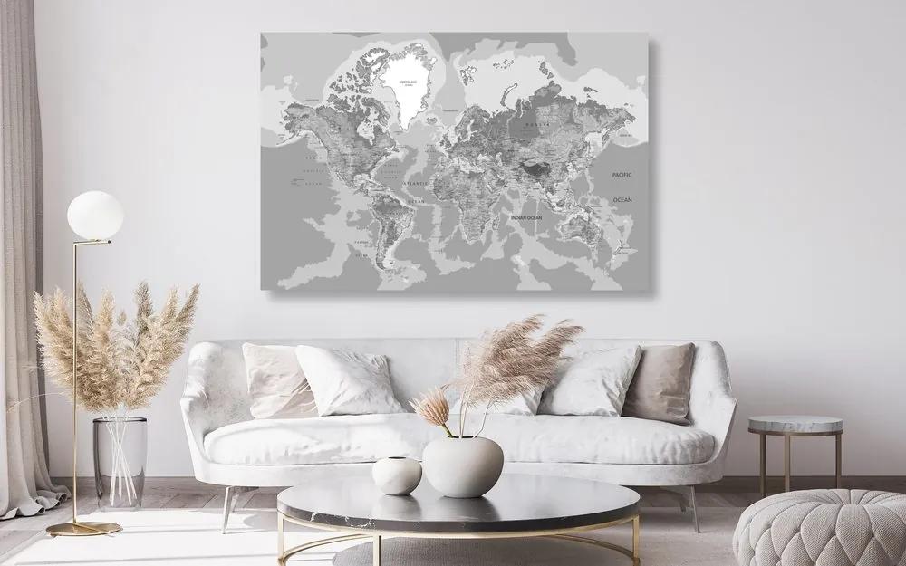 Εικόνα στο φελλό ενός κλασικού παγκόσμιου χάρτη σε ασπρόμαυρο - 120x80  peg
