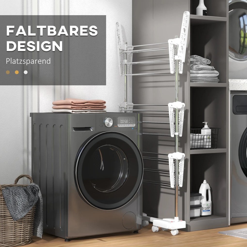 HOMCOM Κινητό Στεγνωτήριο Ρούχων, Στεγνωτήριο Ρούχων, 3 Επίπεδα, Πτυσσόμενο, Ασημί + Λευκό