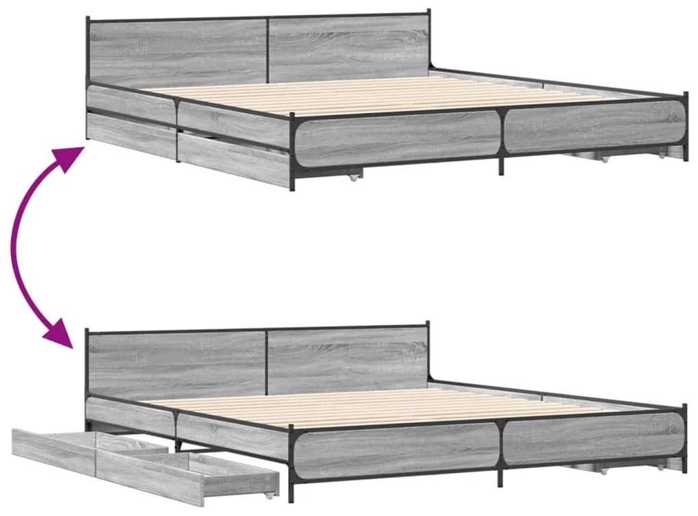 vidaXL Πλαίσιο Κρεβατιού με συρτάρια Γκρι sonoma 200x200εκ. Επεξ. Ξύλο