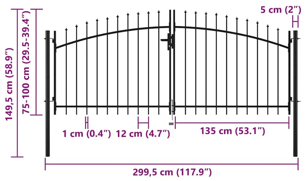 vidaXL Πόρτα Περίφραξης Διπλή με Λόγχες 300 x 150 εκ.